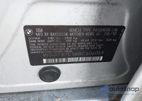 2011 BMW 535I z USA, uszkodzony, nr VIN WBAFR7C56BC606059